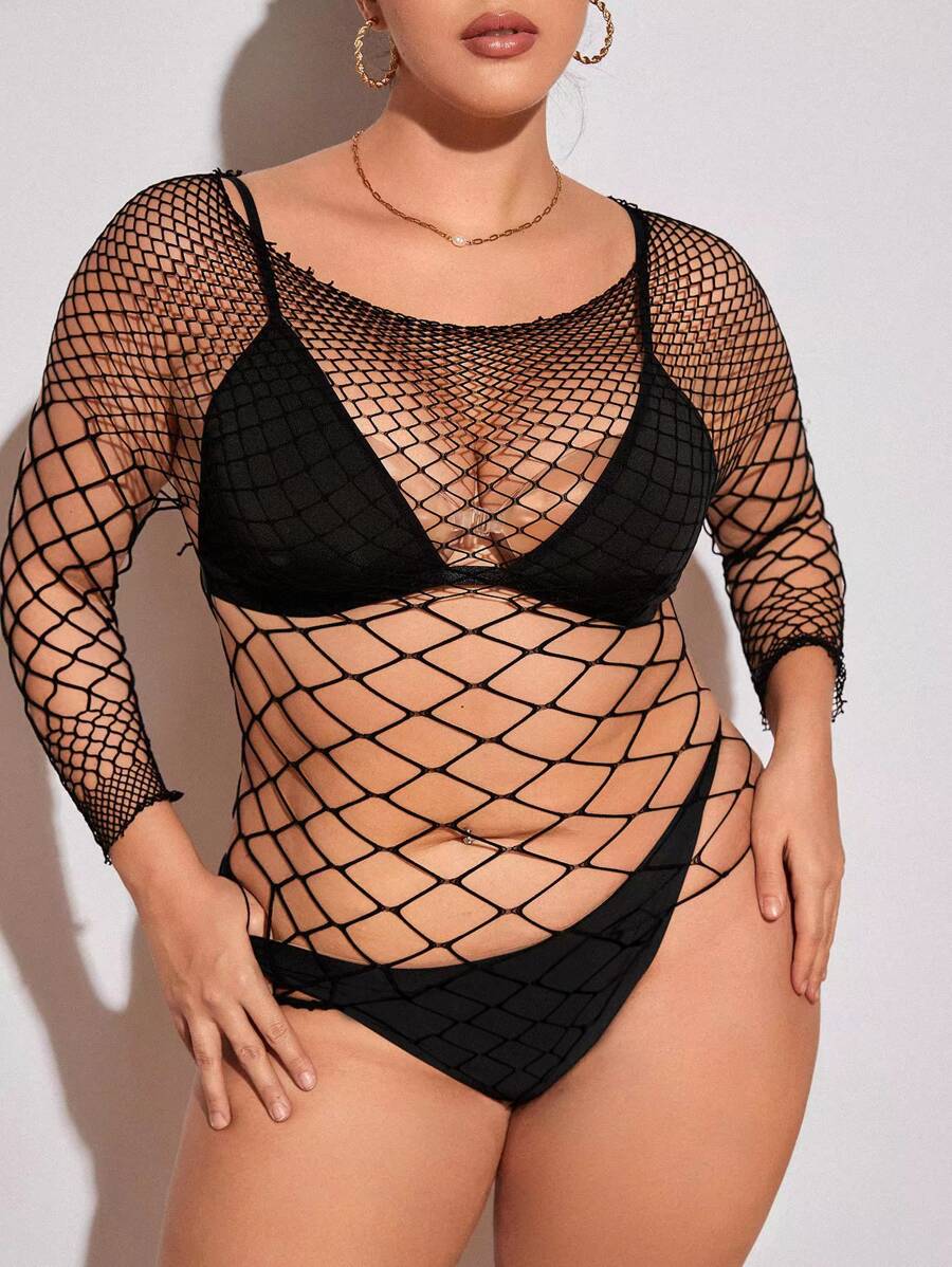 Plus Hollow Out Fishnet Teddy Bodysuit Without Lingerie Set - Black - View 1
