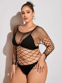 Plus Hollow Out Fishnet Teddy Bodysuit Without Lingerie Set - Black - View 3