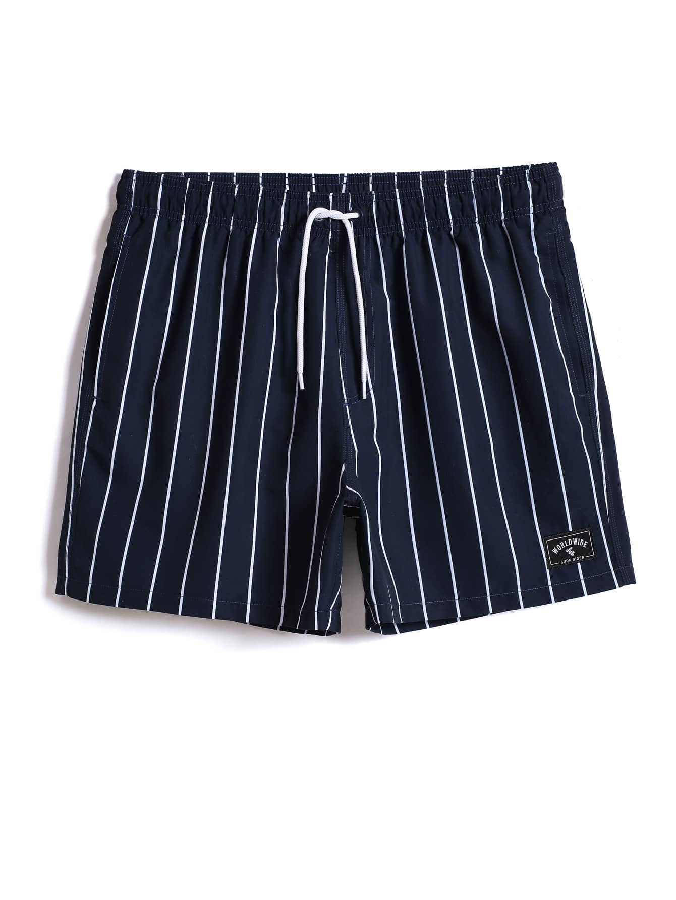 Manfinity Hombres Shorts de playa con estampado de rayas con diseño de parche de cintura con cordón - Azul Marino - Ver 1