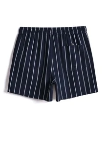 Manfinity Hombres Shorts de playa con estampado de rayas con diseño de parche de cintura con cordón - Azul Marino - Ver 2