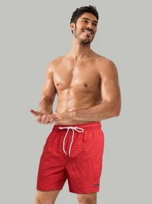 Manfinity Hombres Shorts de natación con diseño de parche de letra de cintura con cordón - Rojo - Ver 3