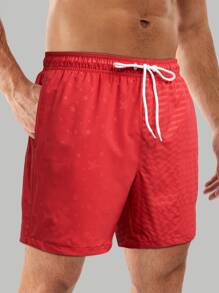 Manfinity Hombres Shorts de natación con diseño de parche de letra de cintura con cordón - Rojo - Ver 6
