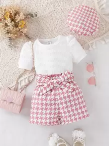 Baby Puff Sleeve Tee & Houndstooth Print Shorts - Multicolor - View 1