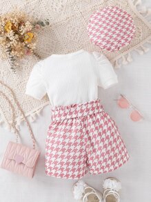 Baby Puff Sleeve Tee & Houndstooth Print Shorts - Multicolor - View 2