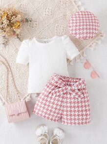 Baby Puff Sleeve Tee & Houndstooth Print Shorts - Multicolor - View 3