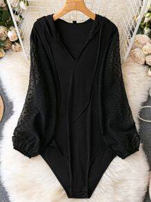 SHEIN LUNE Plus Swiss Dot Lantern Sleeve Drawstring Hooded Bodysuit - Black - View 1