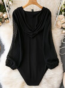 SHEIN LUNE Plus Swiss Dot Lantern Sleeve Drawstring Hooded Bodysuit - Black - View 2
