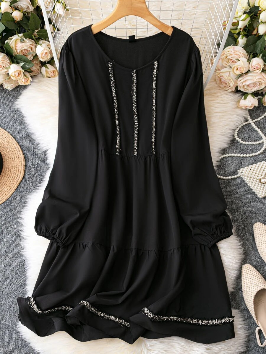 SHEIN Holidaya Plus Contrast Tape Smock Dress - Black - View 1