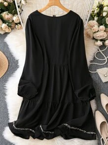 SHEIN Holidaya Plus Contrast Tape Smock Dress - Black - View 2