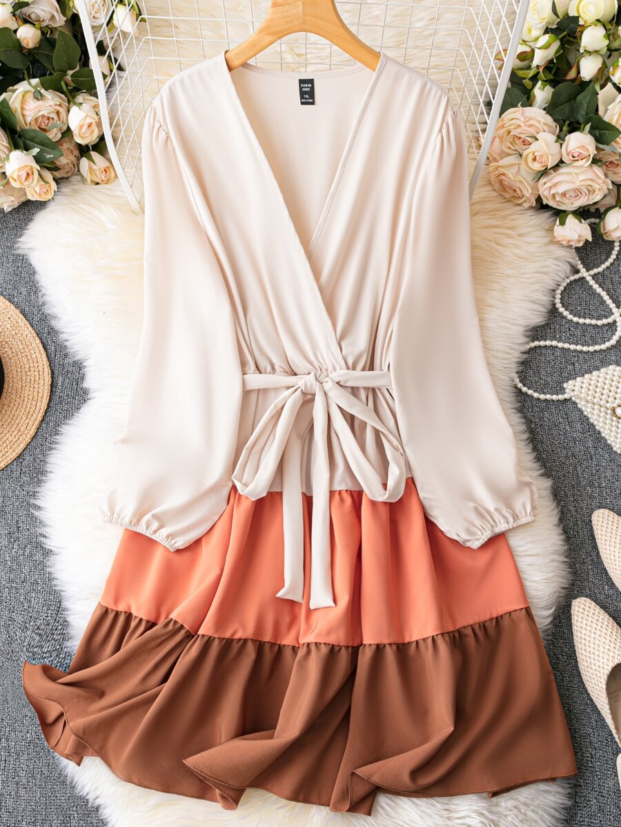 SHEIN LUNE Plus Colourblock Lantern Sleeve Ruffle Hem Belted Dress - Multicolor - View 1