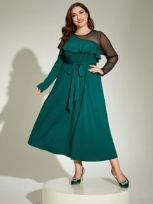 Modelyn Plus Contrast Mesh Ruffle Trim Belted Dress