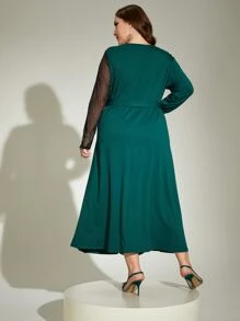 Modelyn Plus Contrast Mesh Ruffle Trim Belted Dress