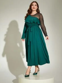 Modelyn Plus Contrast Mesh Ruffle Trim Belted Dress