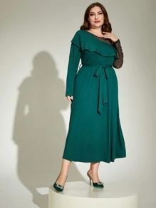 Modelyn Plus Contrast Mesh Ruffle Trim Belted Dress