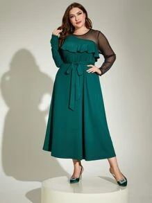 Modelyn Plus Contrast Mesh Ruffle Trim Belted Dress
