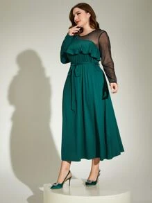 Modelyn Plus Contrast Mesh Ruffle Trim Belted Dress