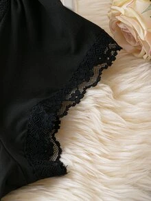 SHEIN LUNE Body con encaje en contraste de cuello con abertura de ojo en contraste - Negro - Ver 4