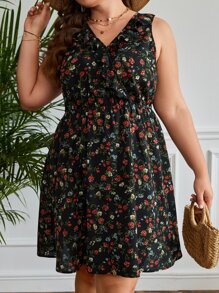 SHEIN Frenchy Plus Ditsy Floral Print Ruffle Trim Dress