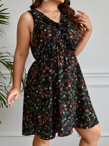 SHEIN Frenchy Plus Ditsy Floral Print Ruffle Trim Dress