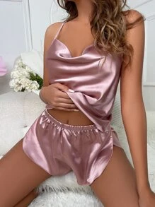 垂領緞面吊帶背心和短褲睡衣套裝 - 藕粉色 - 查看 1