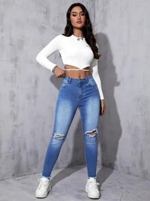 Jeans ajustados desgarro de talle alto - Azul lavado medio - Ver 1