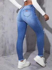 Jeans ajustados desgarro de talle alto - Azul lavado medio - Ver 2