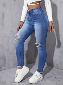 Jeans ajustados desgarro de talle alto - Azul lavado medio - Ver 4