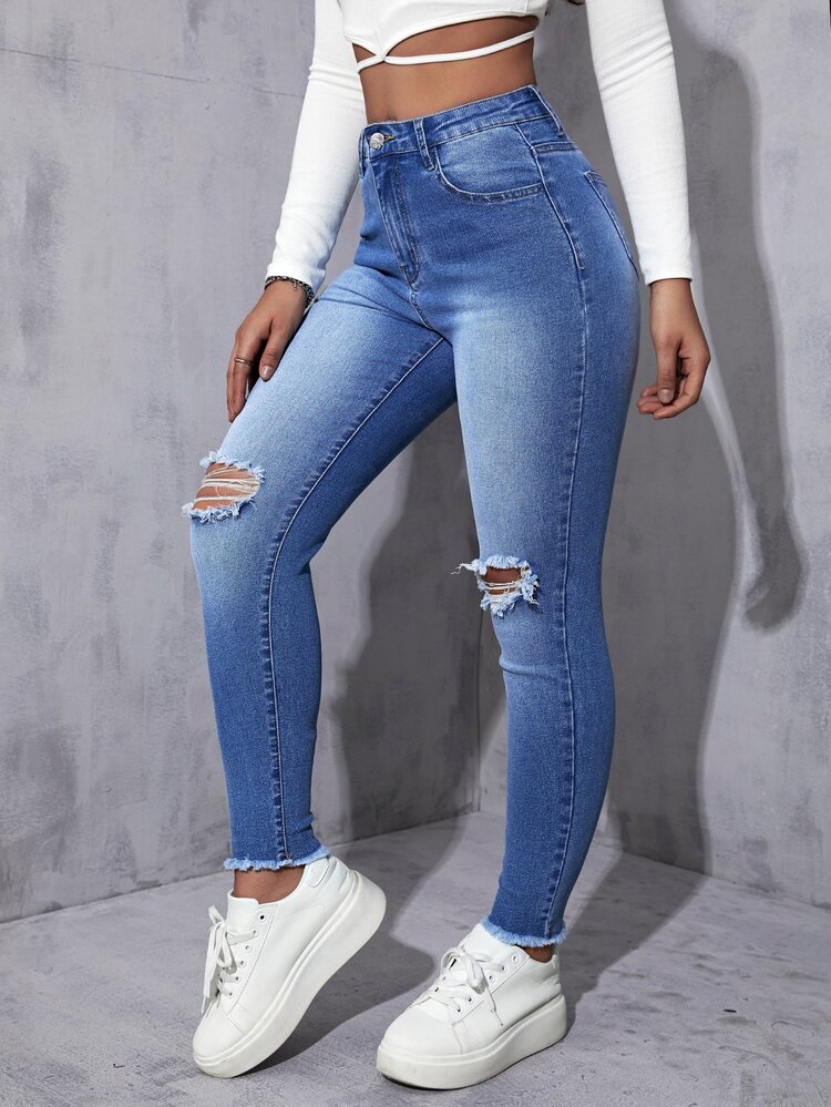 Jeans ajustados desgarro de talle alto - Azul lavado medio - Añade 4