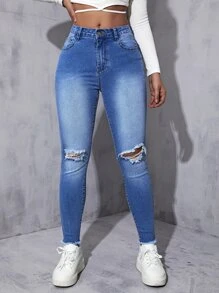 Jeans ajustados desgarro de talle alto - Azul lavado medio - Ver 6