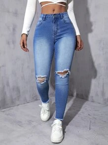 Jeans ajustados desgarro de talle alto - Azul lavado medio - Ver 3