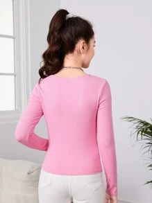 SHEIN Tops con gái Gân đan màu trơn Giải trí - Màu Hồng baby - Xem 2