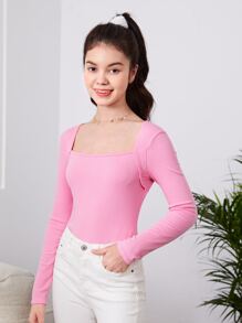 SHEIN Tops con gái Gân đan màu trơn Giải trí - Màu Hồng baby - Xem 3