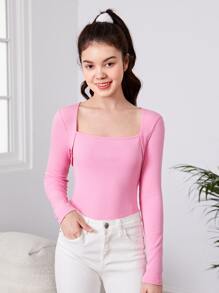 SHEIN Tops con gái Gân đan màu trơn Giải trí - Màu Hồng baby - Xem 4