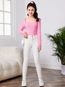 SHEIN Tops con gái Gân đan màu trơn Giải trí - Màu Hồng baby - Xem 6