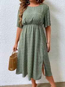 SHEIN Clasi 大碼愛心圖案蝴蝶袖高衩洋裝 - 綠色 - 查看 4