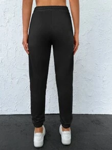 Cottnline Drawstring Waist Slant Pocket Joggers - Black - View 2