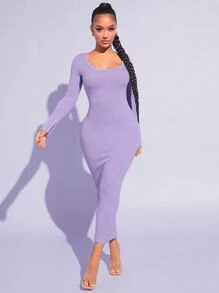 SHEIN SXY 大圓領開衩袖緊身連衣裙 - 紫丁香色 - 查看 3