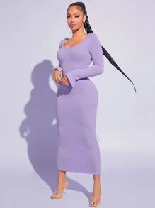 SHEIN SXY 大圓領開衩袖緊身連衣裙 - 紫丁香色 - 查看 4