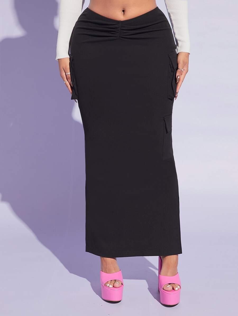SHEIN SXY Ruched Flap Pocket Side Skirt - Black - View 1