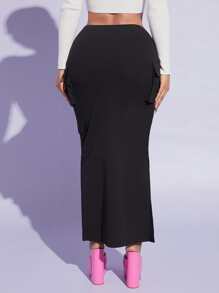 SHEIN SXY Ruched Flap Pocket Side Skirt - Black - View 2
