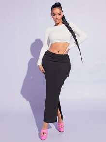 SHEIN SXY Ruched Flap Pocket Side Skirt - Black - View 4