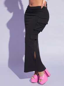 SHEIN SXY Ruched Flap Pocket Side Skirt - Black - View 5