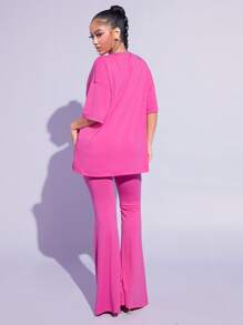 SHEIN SXY Drop Shoulder Tee & Flare Leg Pants Set - Hot Pink - View 2