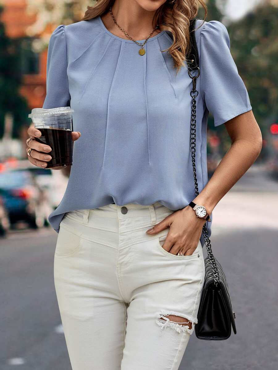 SHEIN LUNE 素色拼接細節泡泡袖襯衫