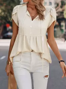 SHEIN Clasi Áo sơ mi nữ Viên lá sen Thắt nơ trước màu trơn Giải trí - Màu be - Xem 1