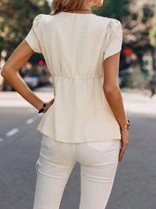SHEIN Clasi Áo sơ mi nữ Viên lá sen Thắt nơ trước màu trơn Giải trí - Màu be - Xem 2