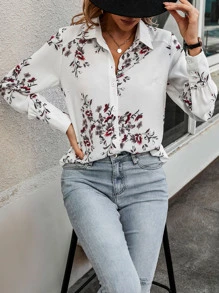 SHEIN Clasi Camisa con estampado floral con botón delantero - Blanco - Ver 1