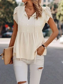 SHEIN Clasi Áo sơ mi nữ Viên lá sen Thắt nơ trước màu trơn Giải trí - Màu be - Xem 3