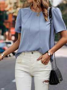 SHEIN LUNE 素色拼接細節泡泡袖襯衫