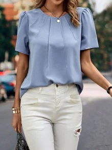 SHEIN LUNE 素色拼接細節泡泡袖襯衫